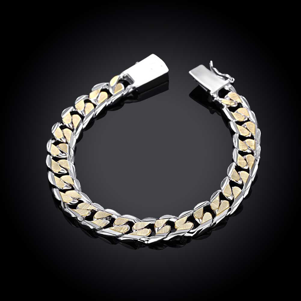 Two Tone Curb Chain Bracelet in 18K White Gold Plated
