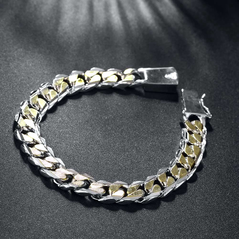 Two Tone Curb Chain Bracelet in 18K White Gold Plated