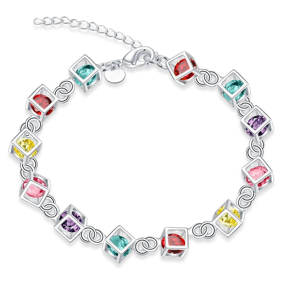 Rainbow Rubix Cube Swarovski Elements Bracelet in 18K White Gold