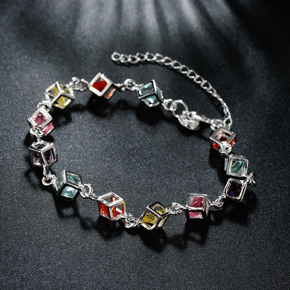 Rainbow Rubix Cube Swarovski Elements Bracelet in 18K White Gold