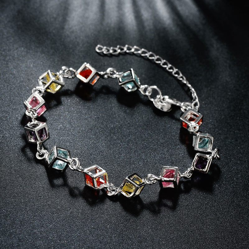 Rainbow Rubix Cube Swarovski Elements Bracelet in 18K White Gold
