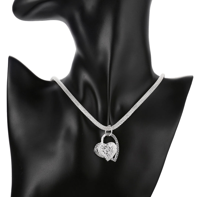 Mesh chain with Heart Necklace in 18K White Gold Plated