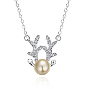 Natural Pearl Reindeer Necklace in 18K White Gold Plated