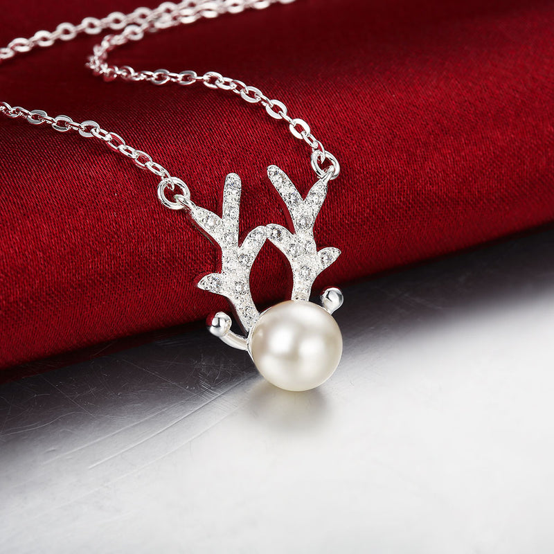 Natural Pearl Reindeer Necklace in 18K White Gold Plated