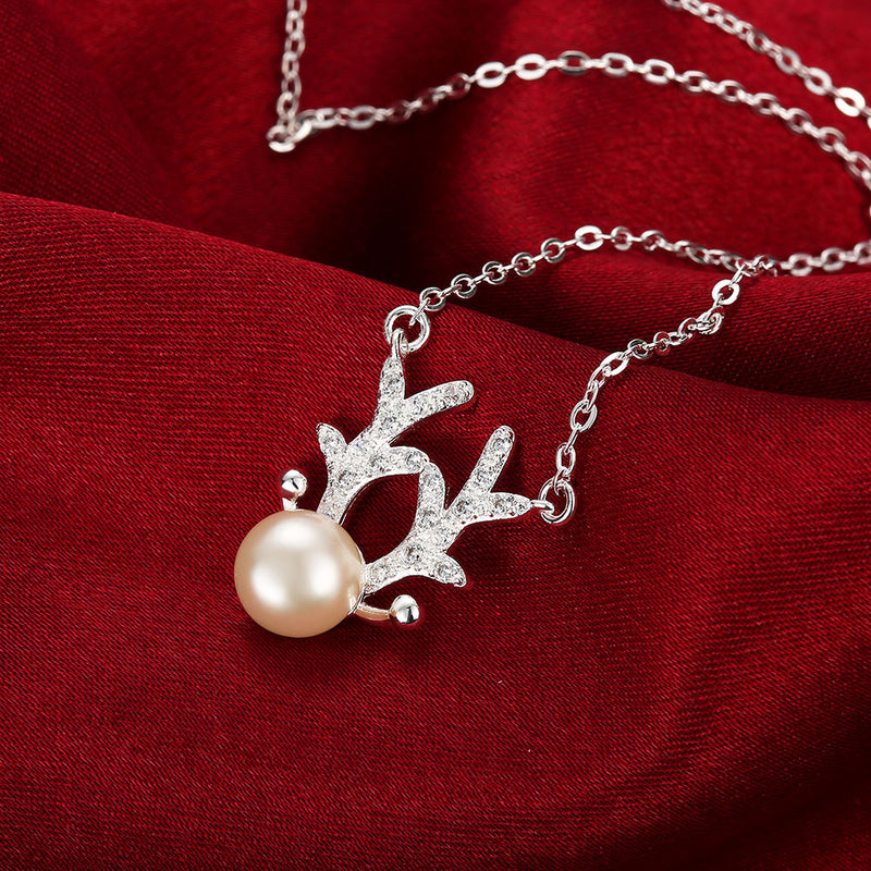 Natural Pearl Reindeer Necklace in 18K White Gold Plated
