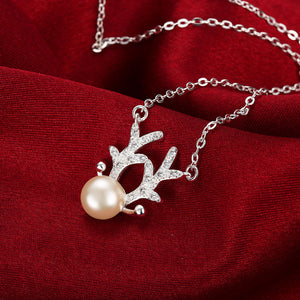 Natural Pearl Reindeer Necklace in 18K White Gold Plated