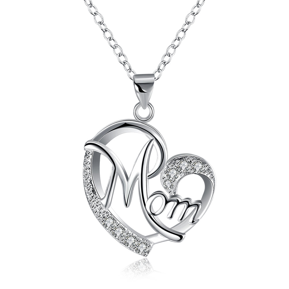MOM Heart Necklace Embellished with Swarovski Crystals in 18K White Gold Plated