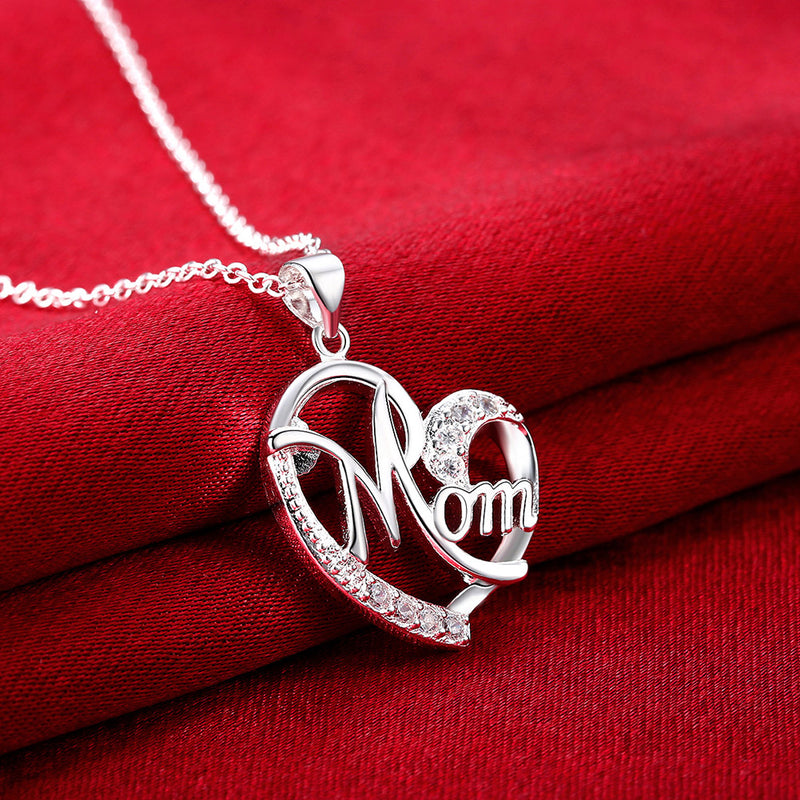 MOM Heart Necklace Embellished with Swarovski Crystals in 18K White Gold Plated