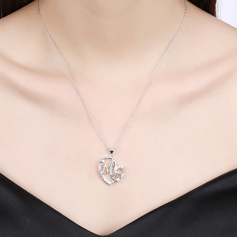 MOM Heart Necklace Embellished with Swarovski Crystals in 18K White Gold Plated
