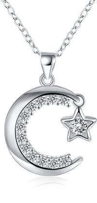 Star and Mooon Necklace in 18K White Gold Plated