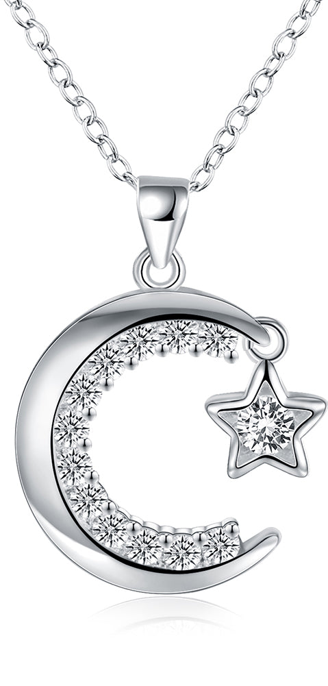 Star and Mooon Necklace in 18K White Gold Plated