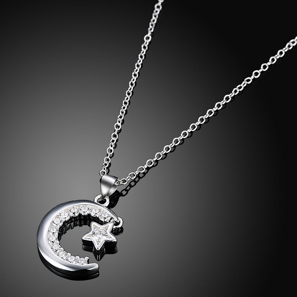 Star and Mooon Necklace in 18K White Gold Plated