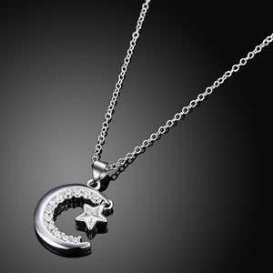 Star and Mooon Necklace in 18K White Gold Plated