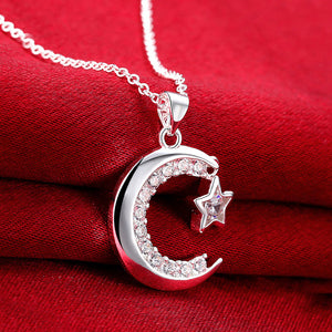 Star and Mooon Necklace in 18K White Gold Plated