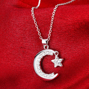 Star and Mooon Necklace in 18K White Gold Plated