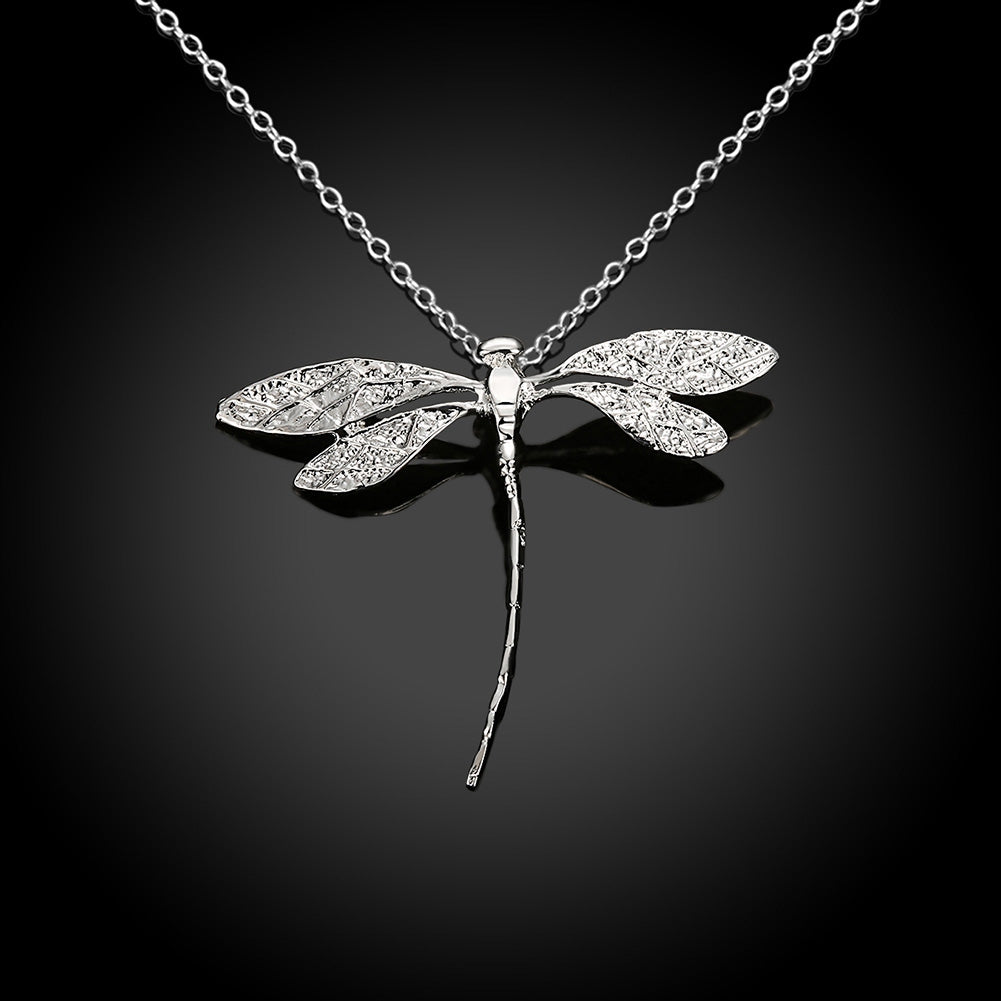 Large Dragonfly Necklace in 18K White Gold Plated