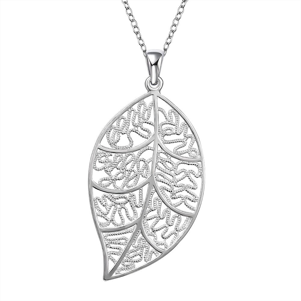 Filigree Leaf Necklace in 18K White Gold Plated