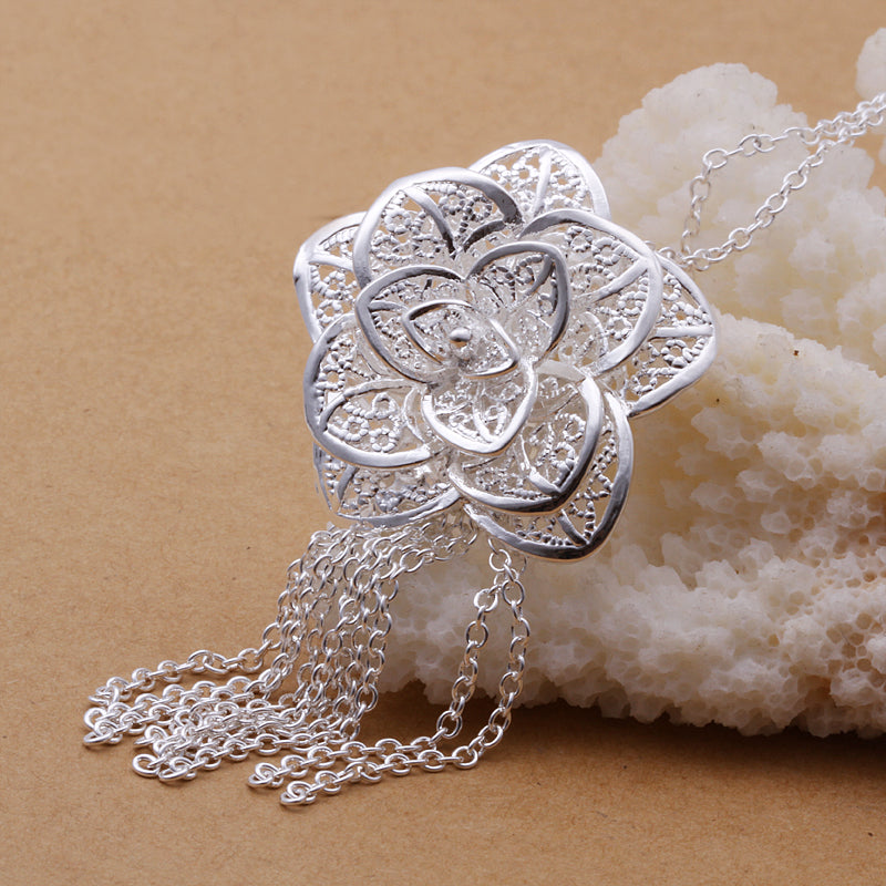 Flower Drop Necklace in 18K White Gold Plated