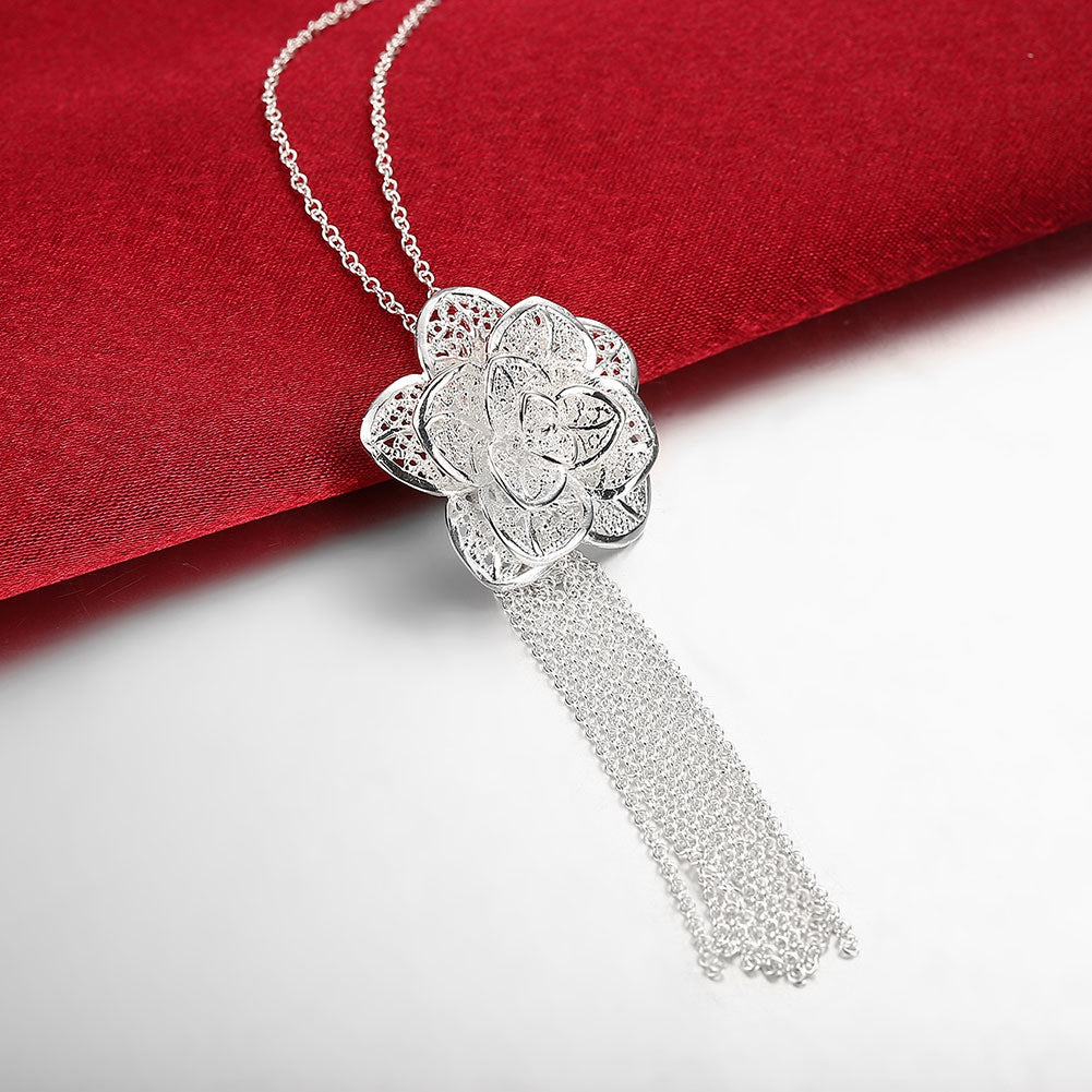 Flower Drop Necklace in 18K White Gold Plated