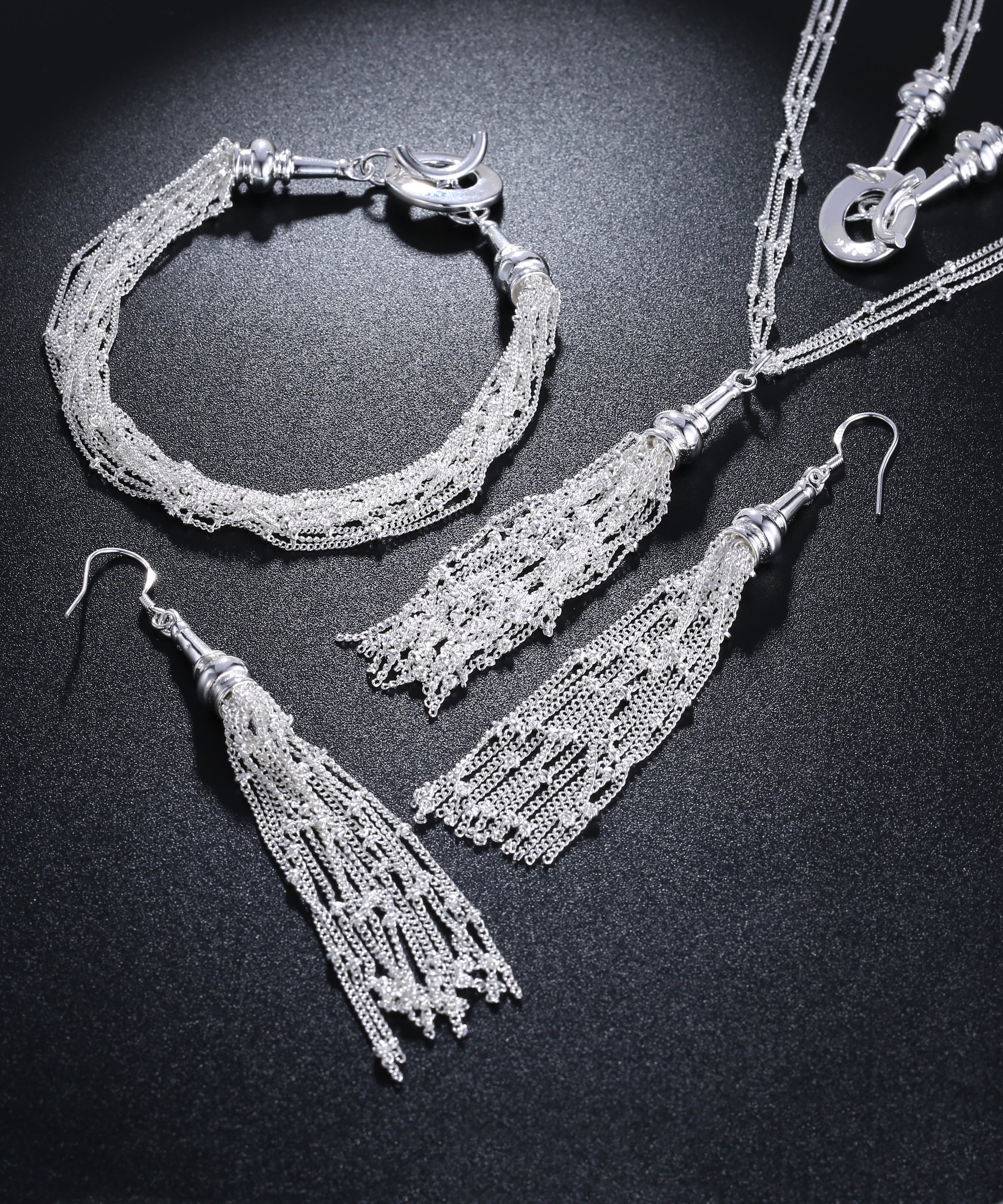 3 Piece Fringe Tassell 18K White Gold Plated Set in 18K White Gold Plated