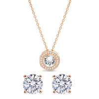 Pave Halo Disc Necklace & Stud Earring With Swarovski Crystals with Luxe Box - 18K Rose Gold