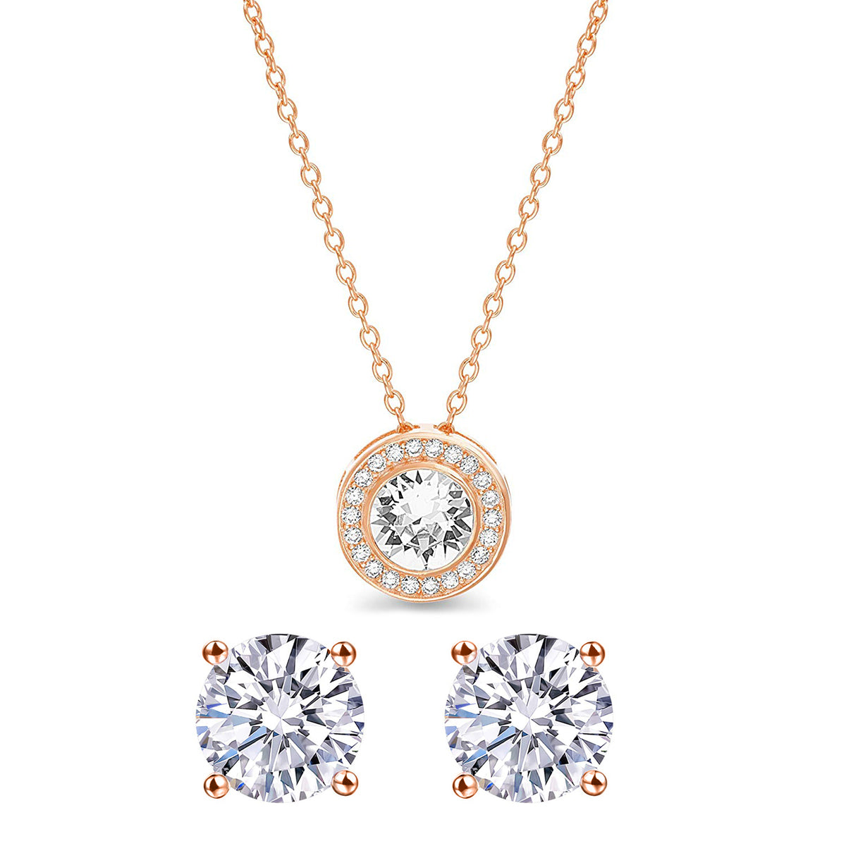 Pave Halo Disc Necklace & Stud Earring With Swarovski Crystals with Luxe Box - 18K Rose Gold