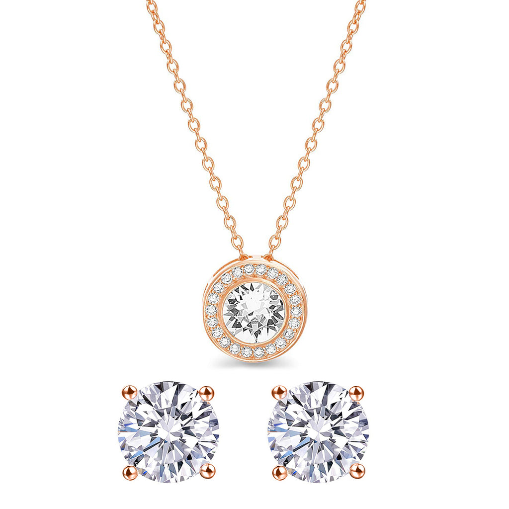 Pave Halo Disc Necklace & Stud Earring With Austrian Crystals with Luxe Box - 18K Rose Gold