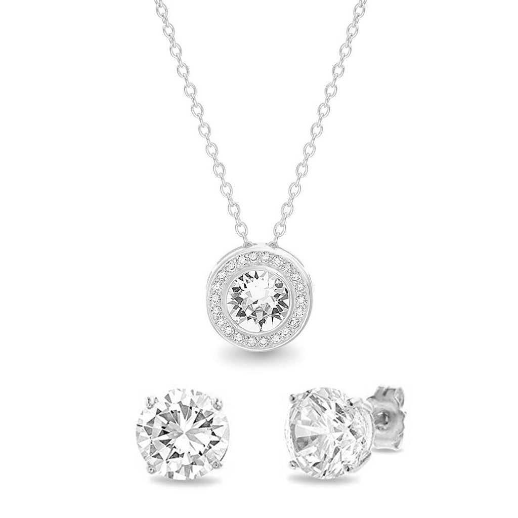 Pave Halo Disc Necklace & Stud Earring With Austrian Crystals with Luxe Box - 18K White Gold