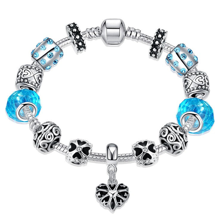 Aquamarine Crystal Heart Pandora Inspired Bracelet - Golden NYC Jewelry