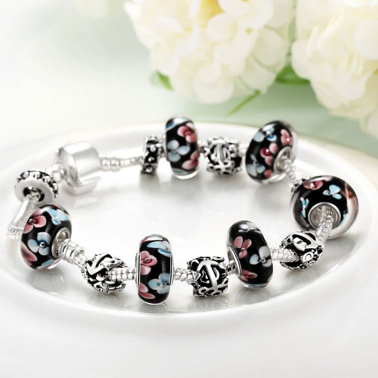 Retro Flower Print Pandora Inspired Bracelet - Golden NYC Jewelry