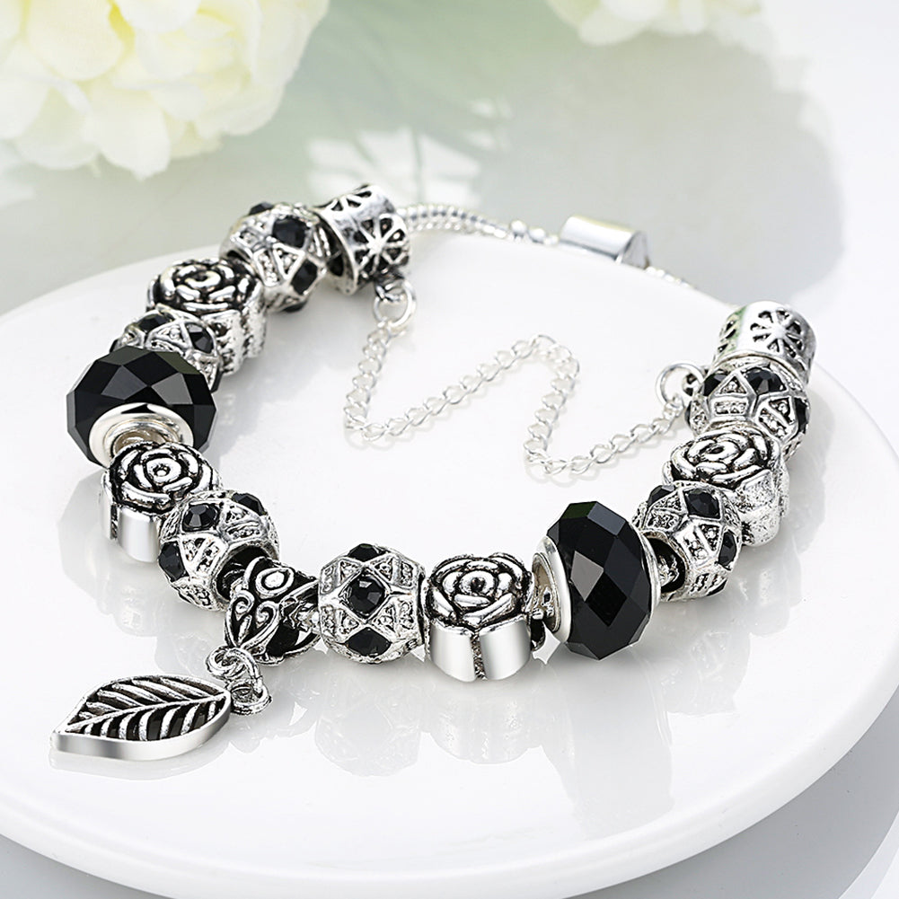 Black Onyx Passion Leaf Branch Pandora Inspired Bracelet - Golden NYC Jewelry