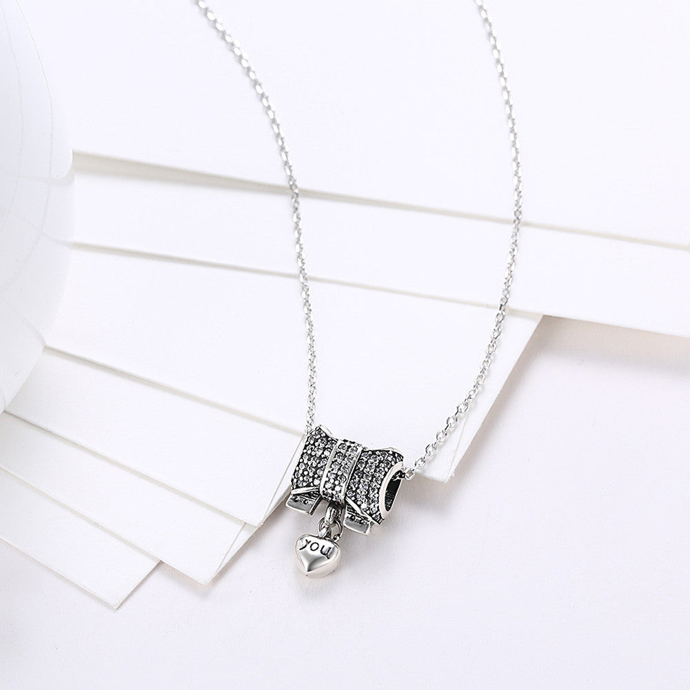 Sterling Silver Tiffany Pave Bow "Heart YOU" Pendant Necklace - Golden NYC Jewelry