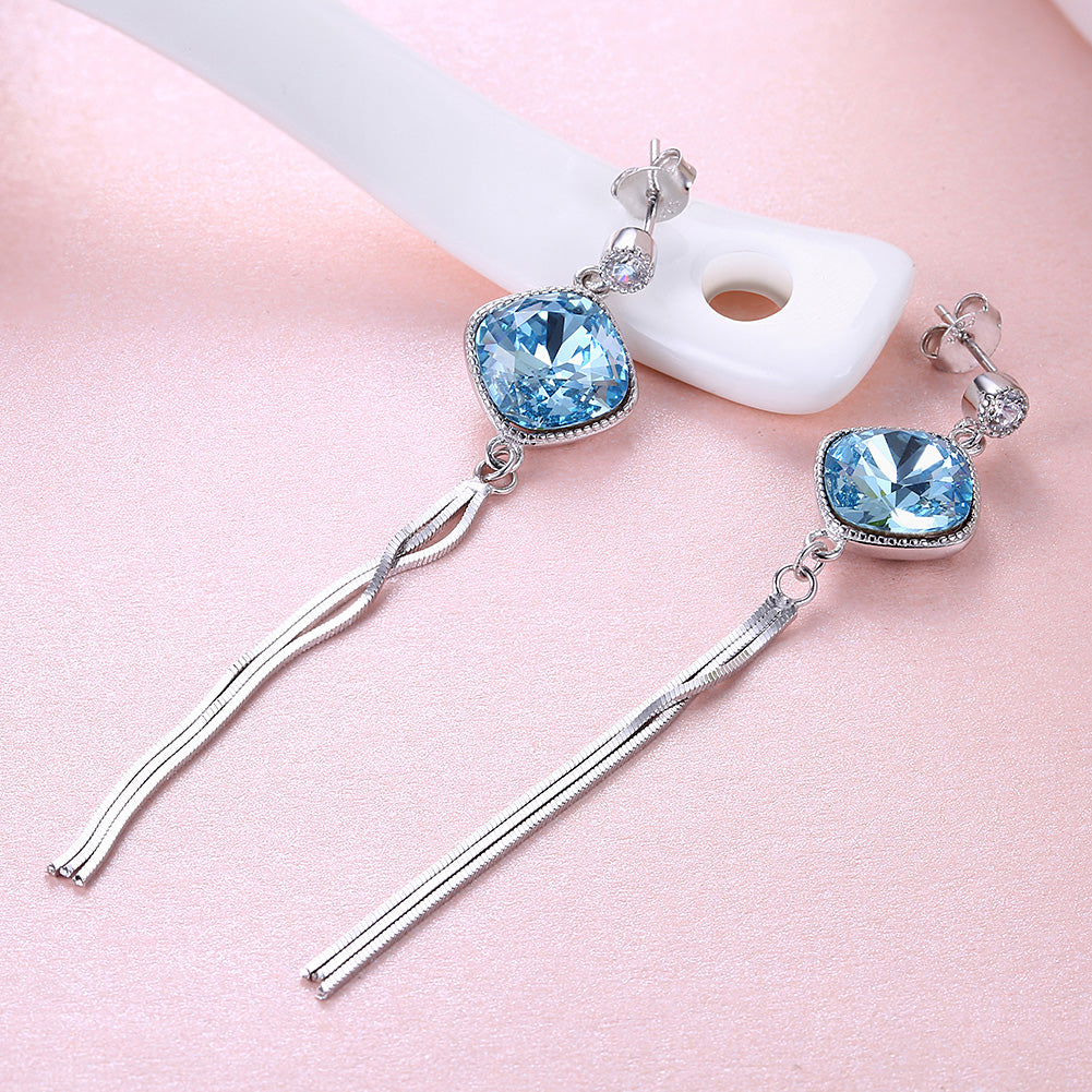 Sterling Silver Blue Rhombus Swarovski Drop Earrings