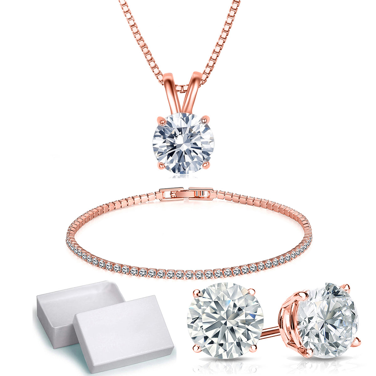18K Gold Plating Solitaire Necklace and 4 Prong Earring made With Swarovski Crystals with Gift Box - 3 Options Available