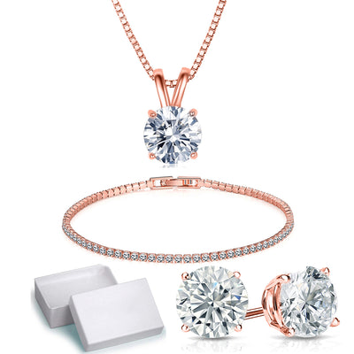 18K Gold Plating Solitaire Necklace and 4 Prong Earring made With Swarovski Crystals with Gift Box - 3 Options Available