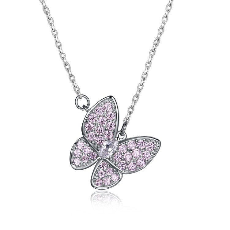 Austrian Crystal 18K White Gold over Sterling Silver Pink Topaz Butterfly Necklace - Golden NYC Jewelry