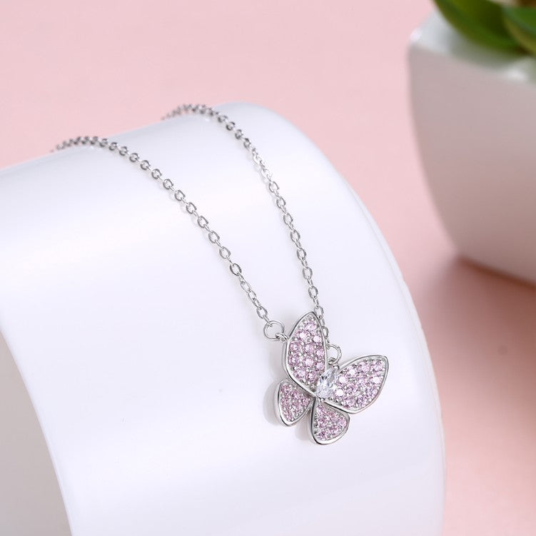 Austrian Crystal 18K White Gold over Sterling Silver Pink Topaz Butterfly Necklace - Golden NYC Jewelry