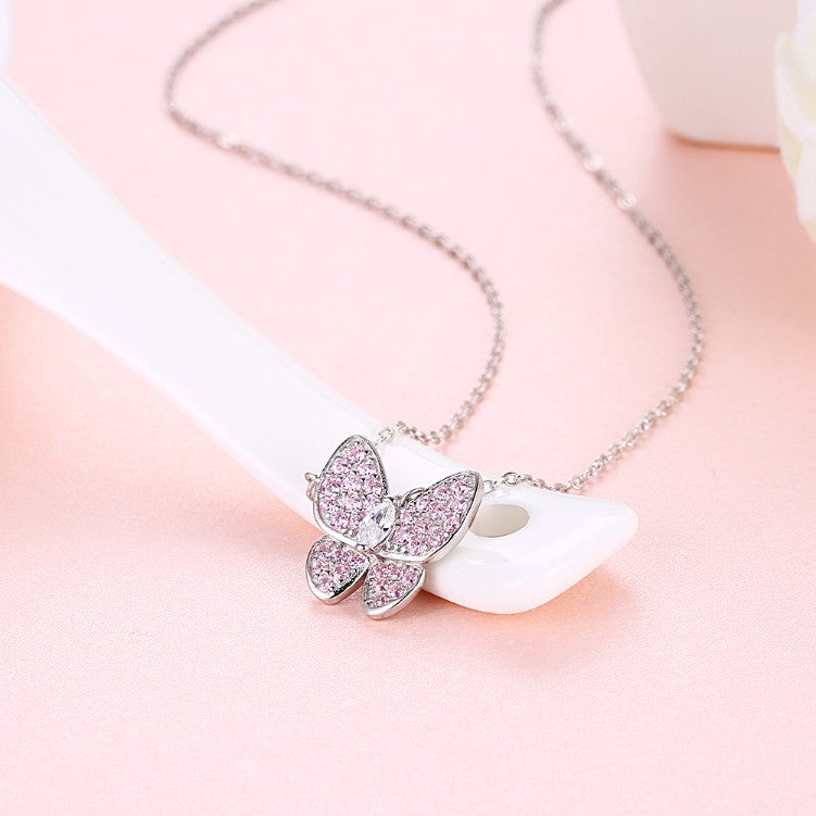 Swarovski Crystal 18K White Gold over Sterling Silver Pink Topaz Butterfly Necklace - Golden NYC Jewelry