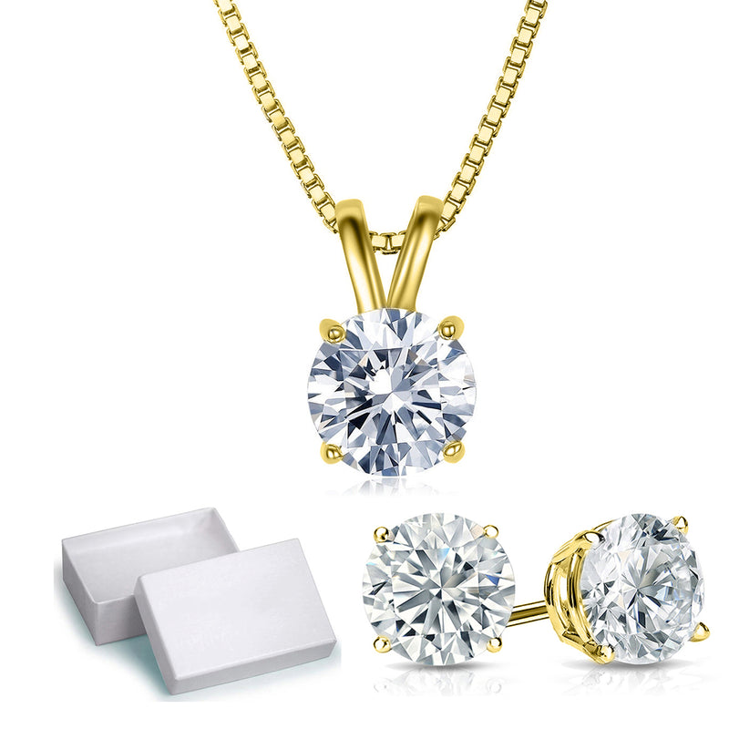 Solitaire Necklace and 4 Prong Earring made With Austrian Crystals with Luxe Box - 18K Gold