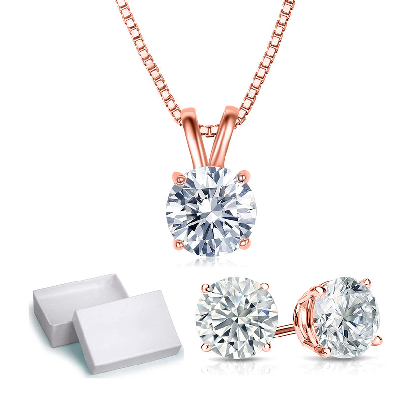 Solitaire Necklace and 4 Prong Earring made With Austrian Crystals with Luxe Box - 18K Rose Gold