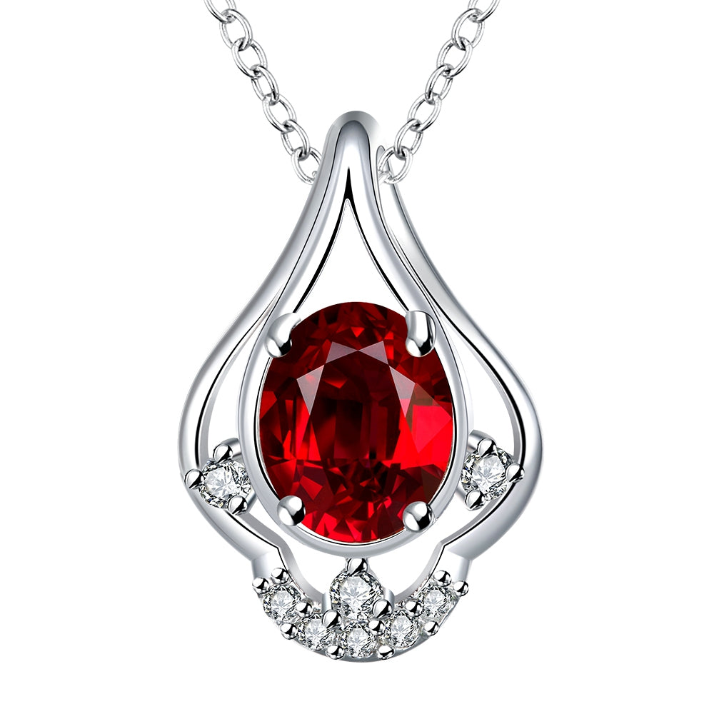 Ruby Curved Pendant Pav'e Necklace in 18K White Gold Gemstone