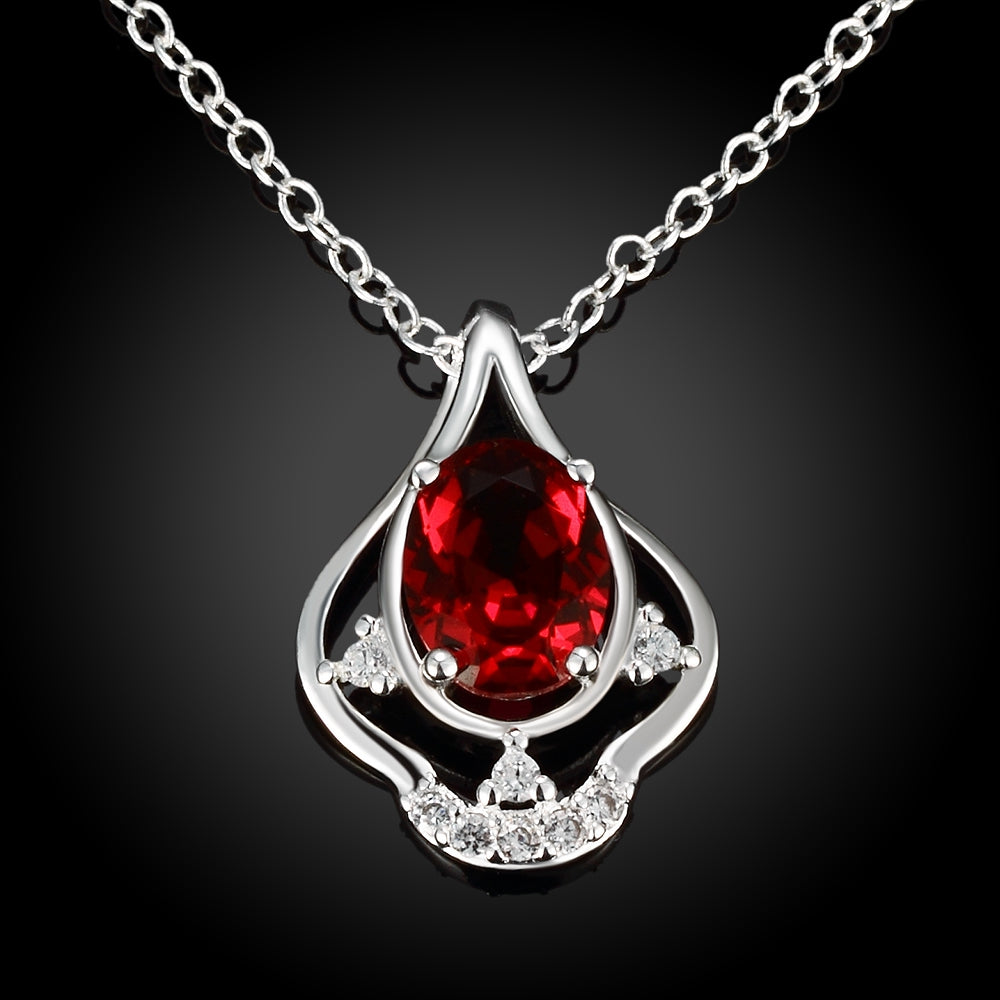 Ruby Curved Pendant Pave Necklace in 18K White Gold Gemstone