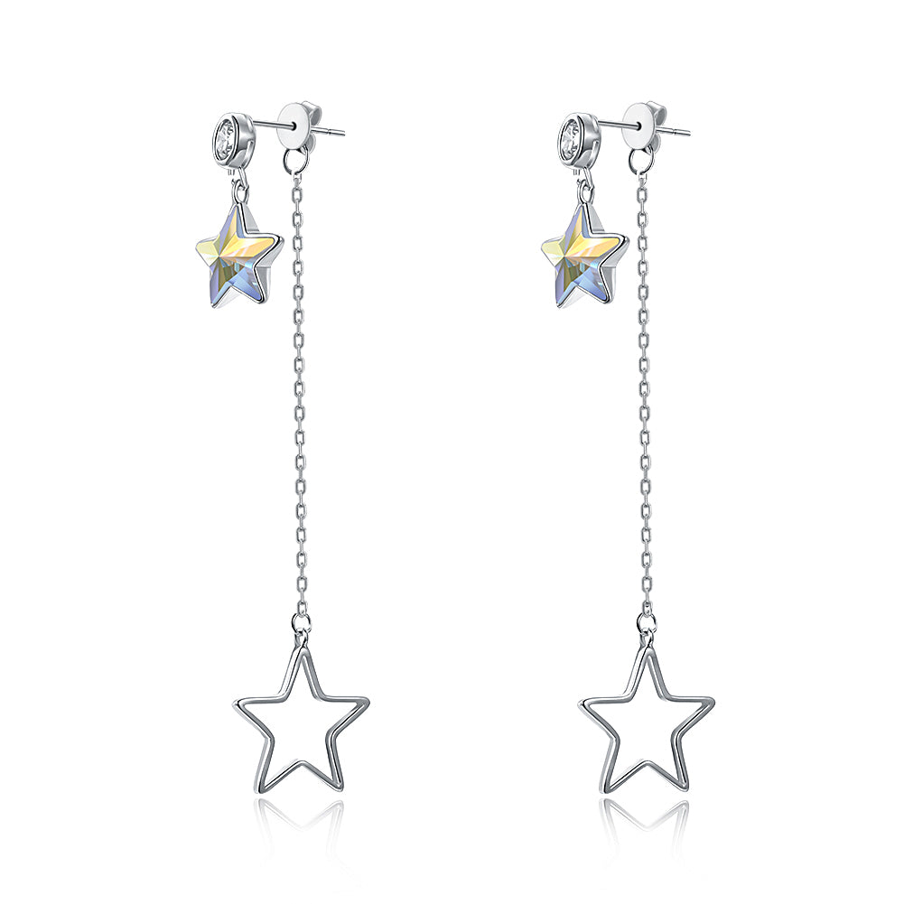 Sterling Silver Dangling Two Stars Drop Earrings