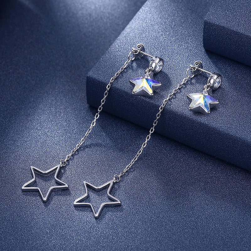 Sterling Silver Dangling Two Stars Drop Earrings