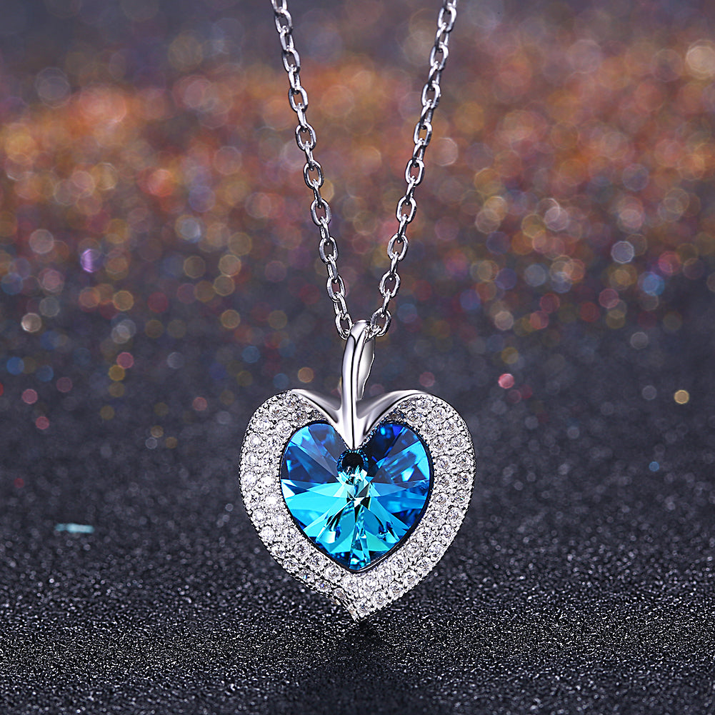 Bermuda Blue Swarovski Crystals Sterling Silver Pave Heart Necklace, Necklaces, Golden NYC Jewelry, Golden NYC Jewelry jewelryjewelry deals, swarovski crystal jewelry, groupon jewelry,, jewelry for mom, 