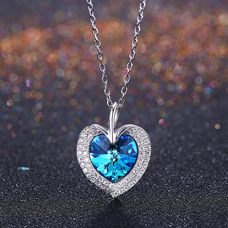 Bermuda Blue Swarovski Crystals Sterling Silver Pave Heart Necklace, Necklaces, Golden NYC Jewelry, Golden NYC Jewelry  jewelryjewelry deals, swarovski crystal jewelry, groupon jewelry,, jewelry for mom, 