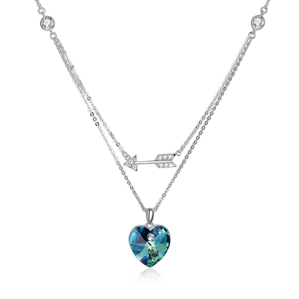 Bermuda Blue Swarovski Crystals Sterling Silver Pave Double Layer Heart Necklace, Necklaces, Golden NYC Jewelry, Golden NYC Jewelry  jewelryjewelry deals, swarovski crystal jewelry, groupon jewelry,, jewelry for mom, 