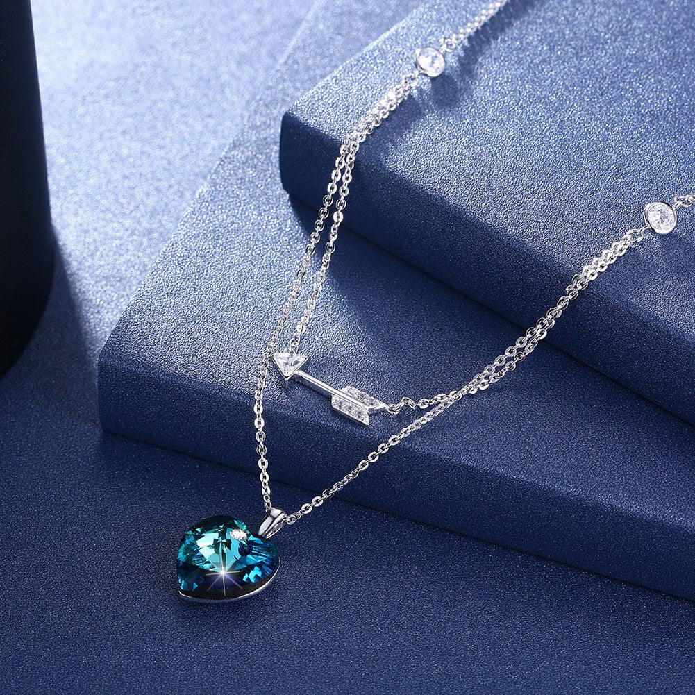 Bermuda Blue Swarovski Crystals Sterling Silver Pave Double Layer Heart Necklace, Necklaces, Golden NYC Jewelry, Golden NYC Jewelry  jewelryjewelry deals, swarovski crystal jewelry, groupon jewelry,, jewelry for mom, 