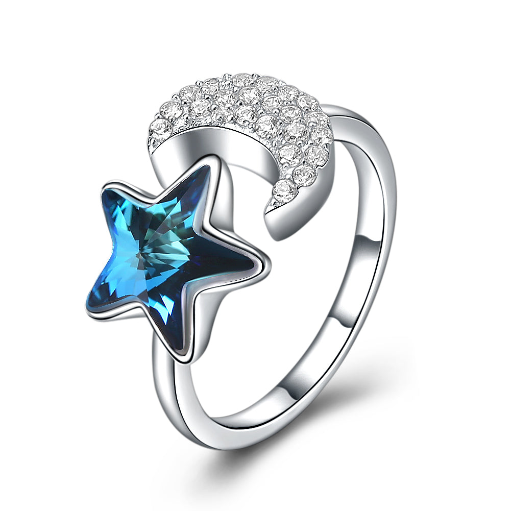 Sterling Silver Blue Swarovski & Moon Adjustable Ring
