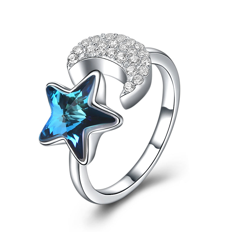 Sterling Silver Blue Swarovski & Moon Adjustable Ring